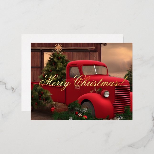 Carte Postale De Vacances En Aluminium Carte de Noël Rustic Red Truck and Trees (Recto/Verso)