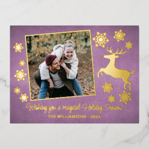Carte Postale De Vacances En Aluminium Cerf doré et motif de flocons de neige sur rose
