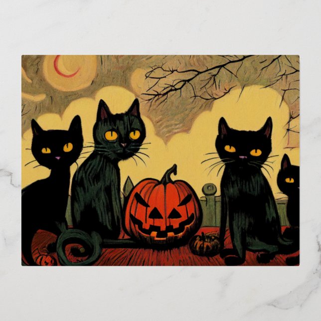 Carte Postale De Vacances En Aluminium Chats noirs d'Halloween avec une carte de citrouil (Recto)
