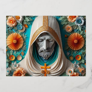 Carte Postale De Vacances En Aluminium Christ Notre Seigneur en papercraft bleu et orange