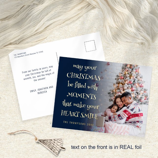 Carte Postale De Vacances En Aluminium Citation Festive Cosy Photo Overlay Marine Noël (Front and back view. Real foil printing for the text on the front in gold, rose gold or silver)