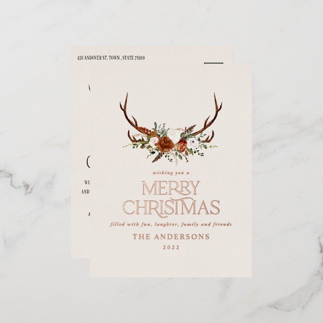 Carte Postale De Vacances En Aluminium Crème de Noël botanique élégant cerf floral (Recto/Verso)