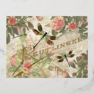 Carte Postale De Vacances En Aluminium Dragonfly vintage et Roses