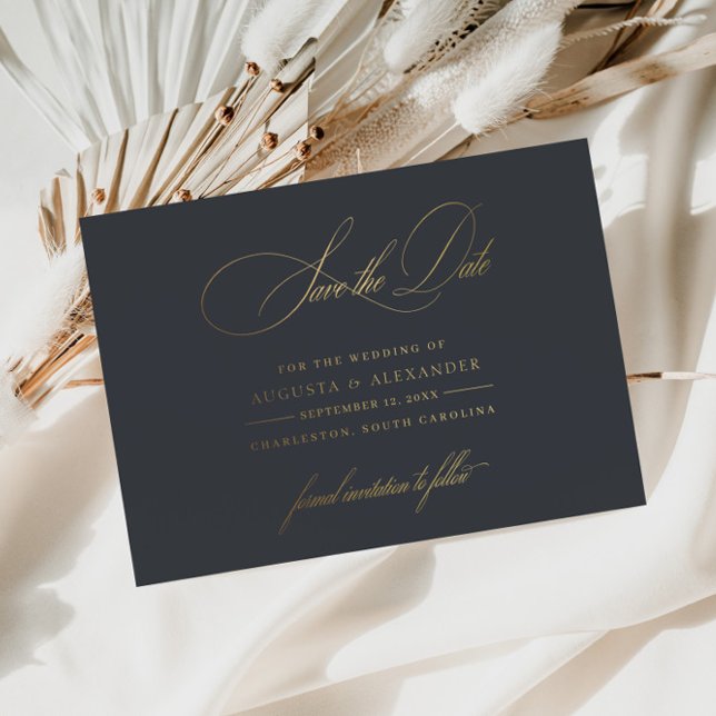 Carte Postale De Vacances En Aluminium Elégant Dark Navy Grey Enregistrer la date (Elegant Dark Navy Gray Save the Date Foil Holiday Postcard)