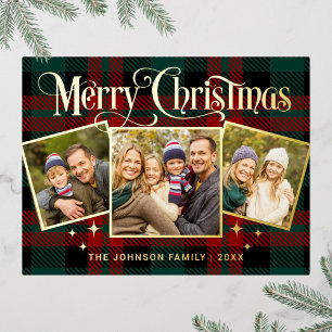 Carte Postale De Vacances En Aluminium Élégant Éclairage Noël 3 PHOTO Salutation or