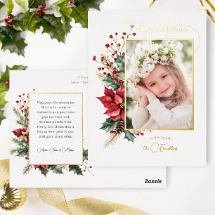 Carte Postale De Vacances En Aluminium Élégant floral hivernal or Joyeux Noël 1 Photo