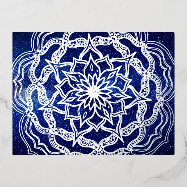 Carte Postale De Vacances En Aluminium Elégant Luxe Silver Navy bleu Mandala Reiki Yoga (Recto)