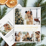 Carte Postale De Vacances En Aluminium Elegant Real Gold Foil Script 4 Photo Collage<br><div class="desc">Elegant Calligraphy Minimalist Real Gold Foil Script Script White 4 Photo Collage Merry Christmas Holiday Card. This festive, mimimalist, whimsical four (4) photo holiday card template features a pretty photo collage and says „Merry Christmas”! The „Merry Christmas” greeting text is written in a beautiful hand lettered swirly swash-tail font type...</div>