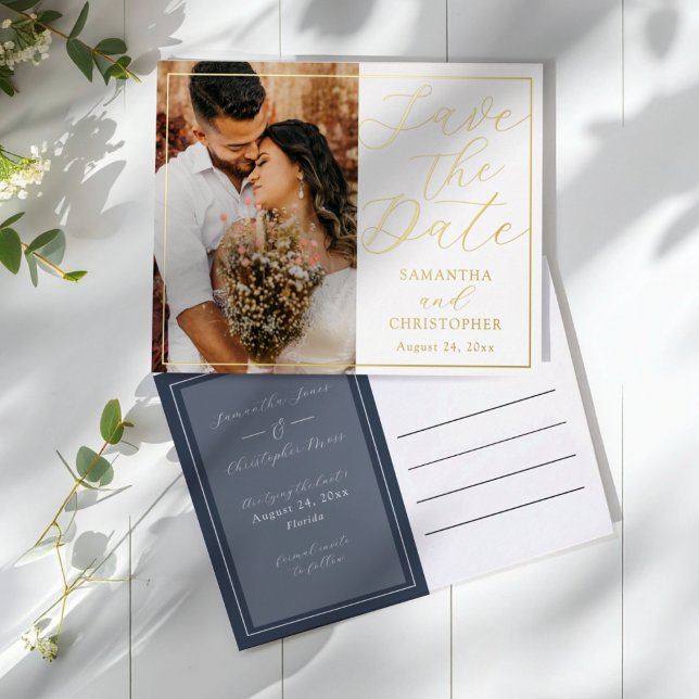 Carte Postale De Vacances En Aluminium Elegant Real Gold & Photo Save the Date Wedding (Créateur téléchargé)