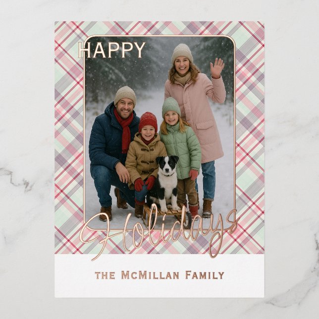 Carte Postale De Vacances En Aluminium Élégant Rustique Classé Plaid Motif Or (Recto)