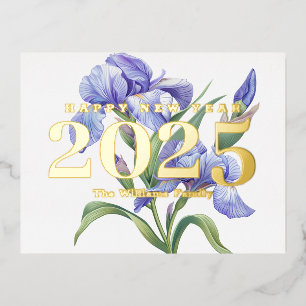Carte Postale De Vacances En Aluminium Elégante Fleur Iris Bonne Année 2025 Or