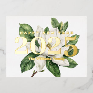 Carte Postale De Vacances En Aluminium Élégante Fleur Magnolia Bonne Année 2025 Or