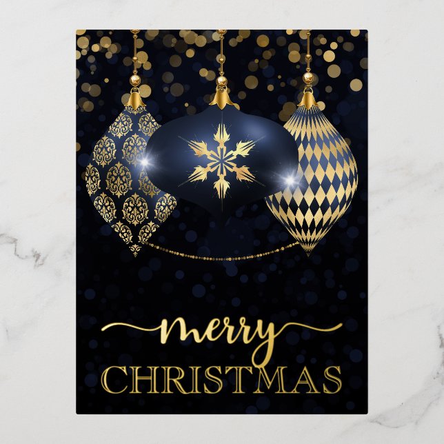 Carte Postale De Vacances En Aluminium Elégante Marine et Gold Bauble Joyeux Noël (Recto)