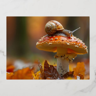 Carte Postale De Vacances En Aluminium Escargot au-dessus du champignon scène nature mign