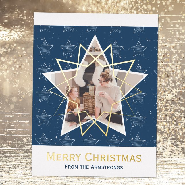 Carte Postale De Vacances En Aluminium Etoiles Blue Foil Joyeux Noël Photo (Modern Blue Foil Stars Merry Christmas Photo Foil Holiday Postcard ©Susanne Sachers - Sunny Mind)
