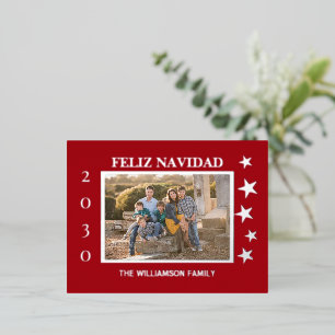 Carte Postale De Vacances En Aluminium Famille Rouge Photo Feliz Navidad Gold Foil