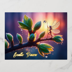 Carte Postale De Vacances En Aluminium Fée magique avec lanterne de rosée sur la branche