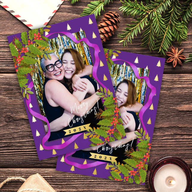 Carte Postale De Vacances En Aluminium Festival de Noël Ribbon Photo violet (Christmas Festival Ribbon Photo Purple Foil Holiday Postcard)