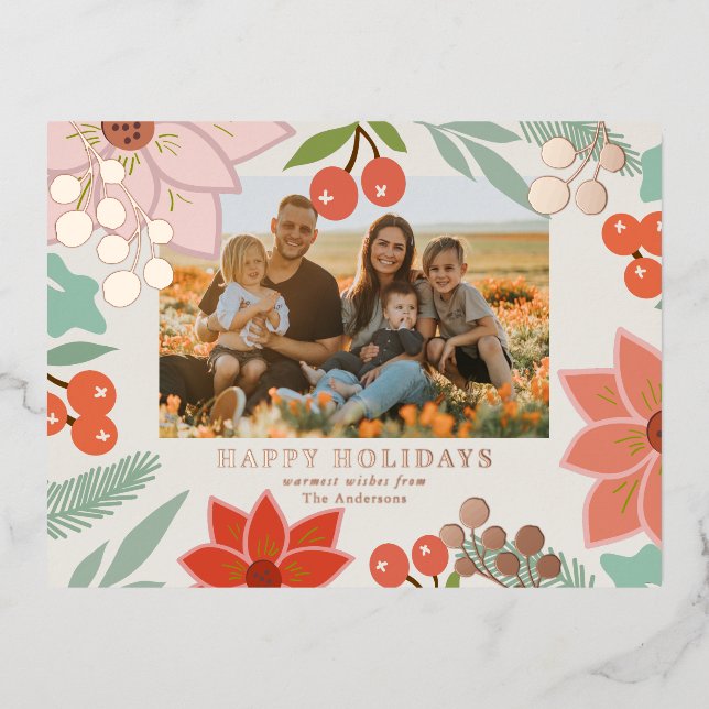 Carte Postale De Vacances En Aluminium Fête Poinsettia Berry Cream Foil Photo Holiday (Recto)