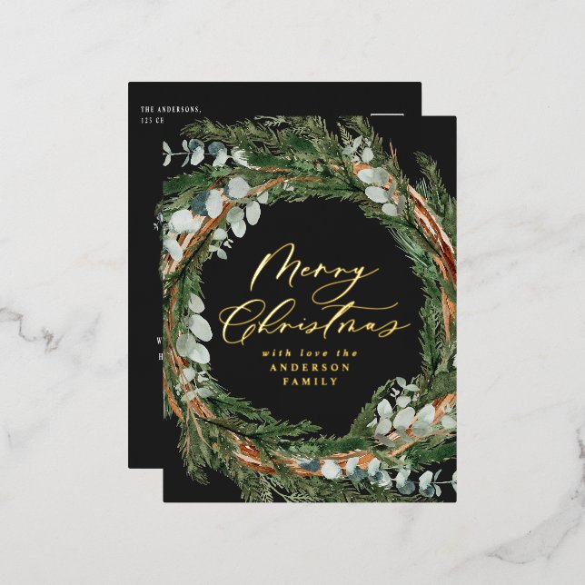 Carte Postale De Vacances En Aluminium Feuillage d'aquarelle minimale moderne noir Noël (Recto/Verso)
