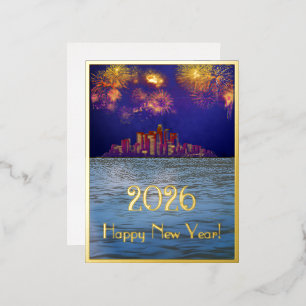 Carte Postale De Vacances En Aluminium Feux d'artifice dorés du Nouvel An sur la ville 20