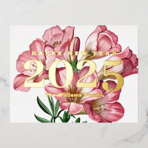 Carte Postale De Vacances En Aluminium Fleur de Freesia rose Bonne Année 2027 Or
