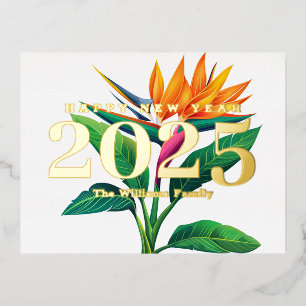 Carte Postale De Vacances En Aluminium Fleur de Paradis Tropical Bonne Année 2027 Or