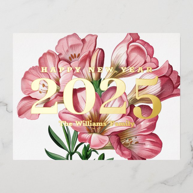 Carte Postale De Vacances En Aluminium Fleur rose Freesia Bonne année 2025 Or (Recto)