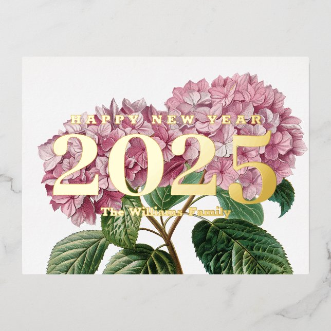 Carte Postale De Vacances En Aluminium Fleur rose Hydrangea Bonne Année 2025 Or (Recto)