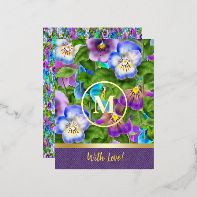 Carte Postale De Vacances En Aluminium Fleurs de pensée violette d'anniversaire à monogra (Recto/Verso)