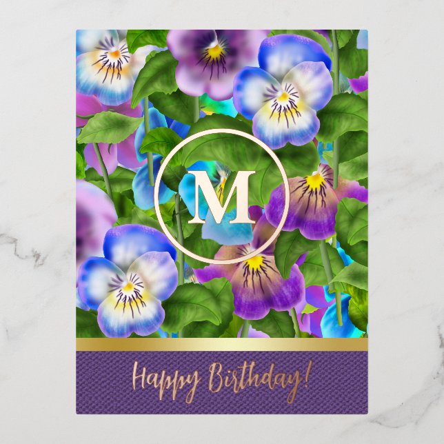 Carte Postale De Vacances En Aluminium Fleurs de pensée violette d'anniversaire à monogra (Recto)