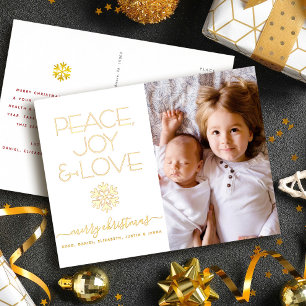 Carte Postale De Vacances En Aluminium Flocon de Noël Paix Joie Amour Photo Or Réel