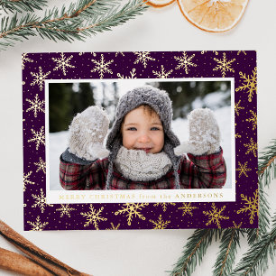 Carte Postale De Vacances En Aluminium Flocons de neige dorés Photo Violet et Or