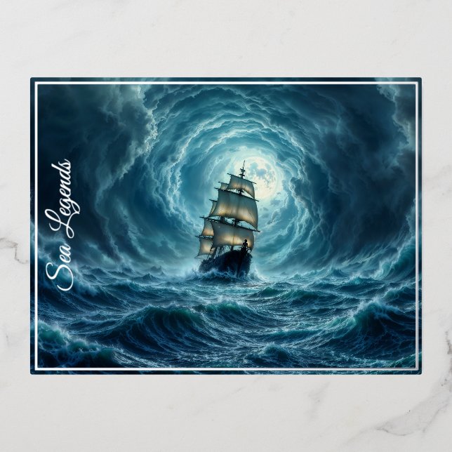 Carte Postale De Vacances En Aluminium Galeon navire tempête lune voyage océanique (Recto)