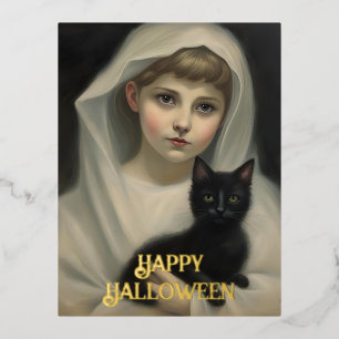 Carte Postale De Vacances En Aluminium Ghost et un chat noir Halloween