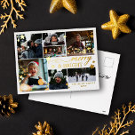 Carte Postale De Vacances En Aluminium Gold Stars Merry & Bright 7 Photos<br><div class="desc">Carte postale Joyeuse et brillante de Noël avec sept photos, étoiles dorées et texte en feuille d'or. Carte postale de Noël blanche et or avec joyeux & brillant imprimé en feuille d'or avec beaucoup d'étoiles dorées de tailles différentes. Carte postale joyeux et brillante personnalisée avec votre nom de famille, l'année,...</div>