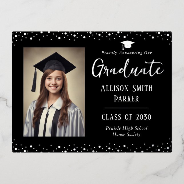 Carte Postale De Vacances En Aluminium Graduation Announcement Black and Silver Photo (Recto)