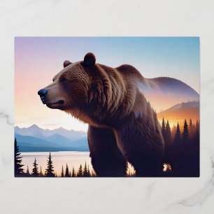 Carte Postale De Vacances En Aluminium Grizzly Ours Double exposition Animal Nature Extér