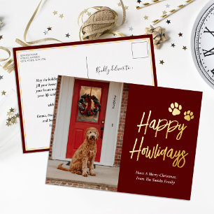 Carte Postale De Vacances En Aluminium Happy Howlidays Red Gold Calligraphy Pet Photo