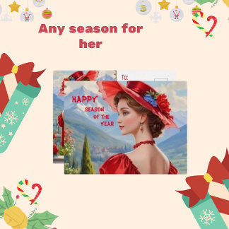 Carte Postale De Vacances En Aluminium Happy Season Script, et Lady Red Dress & Casquette