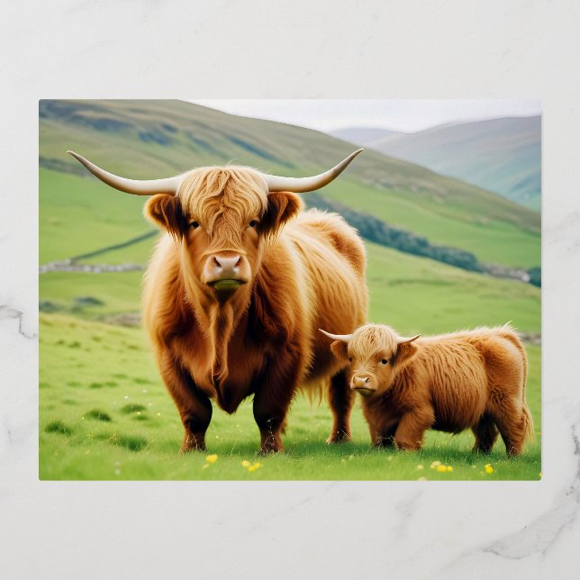 Carte Postale De Vacances En Aluminium Highland Cow Animal Nature Animale Affection Faune (Recto)