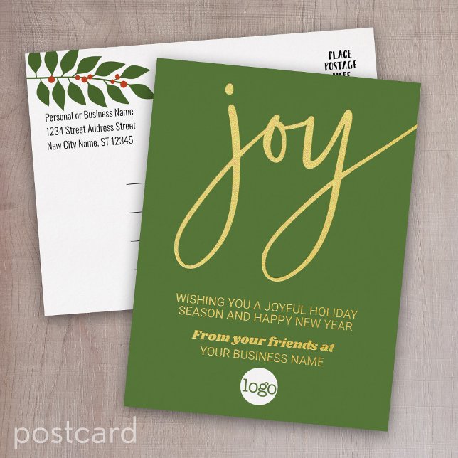 Carte Postale De Vacances En Aluminium Joy Business Noël Salutation Vert Feuille Or (Foil postcard for a holiday greeting)
