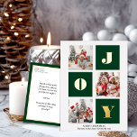 Carte Postale De Vacances En Aluminium JOY Elegant Gold Snowflakes Modern Script Photo<br><div class="desc">JOY Elegant Gold Snowflakes Modern Script on Sage Green color 3 Photo Collage Real Foil Carte postale de vacances. Envoyez des voeux de vacances à vos proches avec cette carte de vacances moderne et festive. Tous les textes sont pré-arrangés pour que vous personnalisiez facilement et rapidement avec vos propres détails....</div>