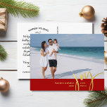 Carte Postale De Vacances En Aluminium Joy Love Peace Grande photo Lettre de Noël Rouge<br><div class="desc">Envoyez des voeux de vacances spéciales avec cette carte postale festive avec "JOY" dans une police de typographie dessinée à la main en papier or véritable - mise contre votre photo personnalisée et la bordure rouge. Ajoutez facilement votre nom et le texte personnalisé à l'avant et votre propre salut de...</div>