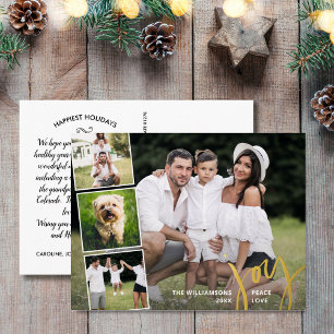 Carte Postale De Vacances En Aluminium Joy Peace Love Calligraphie Photo Collage Gold