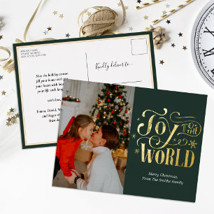 Carte Postale De Vacances En Aluminium Joy to the World Green Gold Script Photo Modern