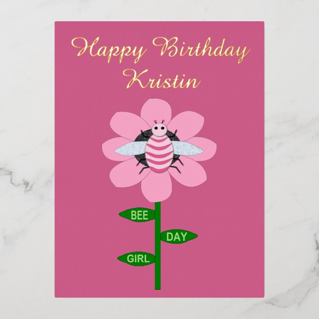 Carte Postale De Vacances En Aluminium Joyeuse Bee Day Girl rose Anniversaire Bumblebee C (Recto)
