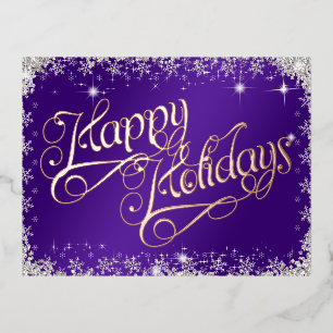 Carte Postale De Vacances En Aluminium Joyeuses Fêtes Calligraphie Violet et Diamants