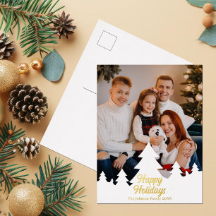 Carte Postale De Vacances En Aluminium Joyeuses fêtes Noël Arbres Famille Photo Or