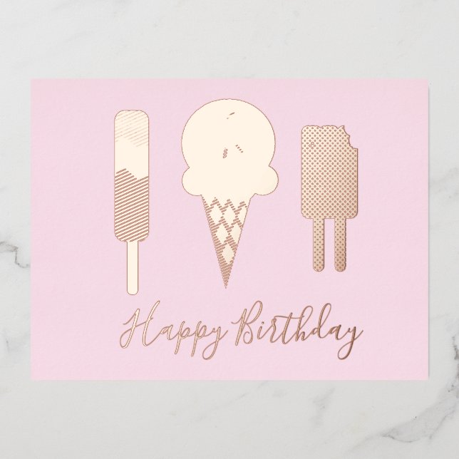 Carte Postale De Vacances En Aluminium Joyeux Anniversaire Icecream Pink Foil Holiday (Recto)